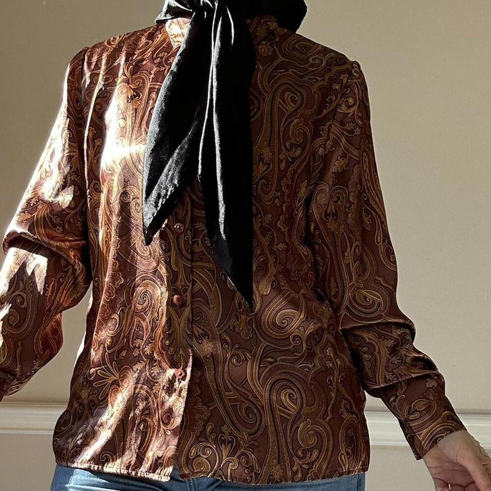 Vintage brown paisley satin print blouse